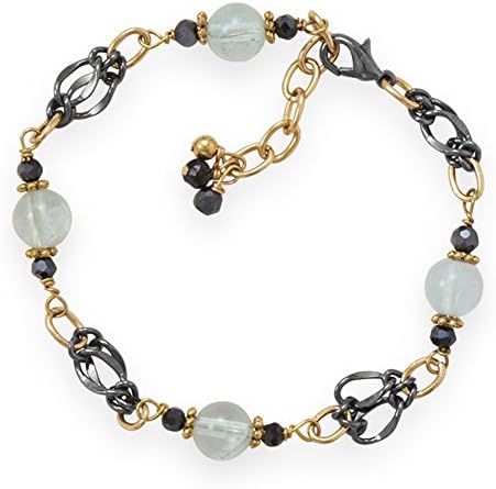 Golden and Gunmetal Two Tone Chain Bracelet with Blue Quartz and Black Czech Beads