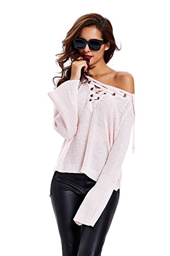 Apparel Women s Long Flare Sleeve Lace up V Neck High Low Knit Sweater-Light Pink-One Size