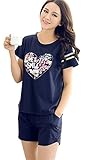 Betusline Women Short Sleeves Pajama Heart Printed Shorts Blue Casual