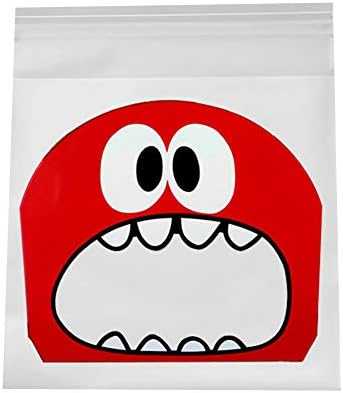 100Pcs Candy Bags Cute Monster Pattern Gourmet Self-adhesive Pouch DIY Dessert Biscuit Cookie Candy Mooncake Gift Packing Seal Bag - Red