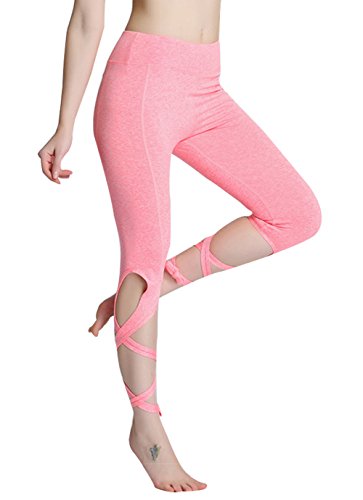OVESPORT Women Yoga Leggings High Waist Workout Dance Pants with Ballet Ribbon (2088S, Pink) - Thumbnail 2
