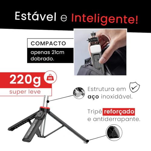 Bastão Pau de Selfie Tripé para Celular com iluminação Bluetooth Controle Remoto Portátil Retrátil para iOS e Android (Preto) H'MASTON