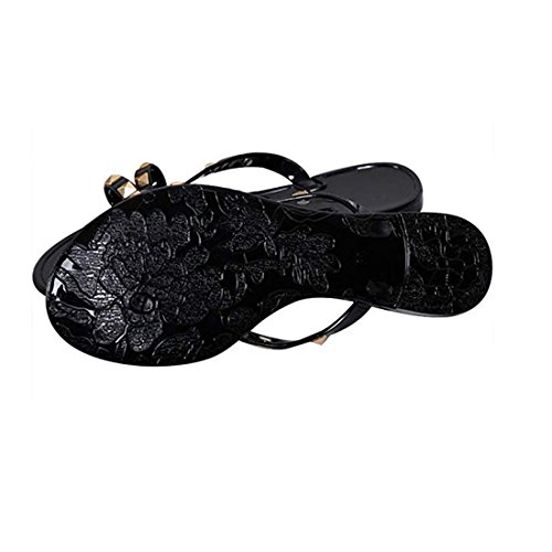 Utop Women’s Rivets Bowtie Flip Flops Jelly Thong Sandal Rubber Flat Slipper Summer Beach Rain Shoes Womens Gold Rivet Studded Bow Jelly Thong Flip Flop Sandals (US7.5=EU39=24.5CM, Black) - Thumbnail 5