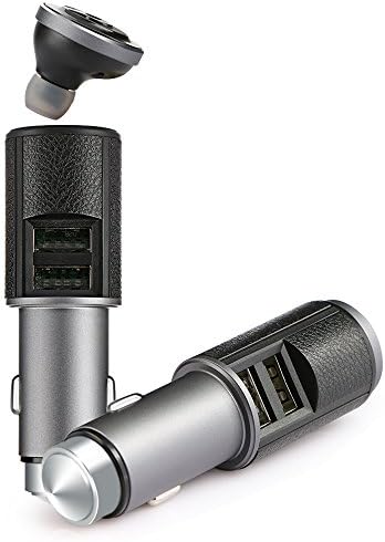 YILILK Car Charger with Bluetooth Headset, 3 in 1 Bluethooth Headphone with Dual USB Port and Safety Hammer for iPhone Samsung Galaxy and Android Cell Phones (Black / Titanium)