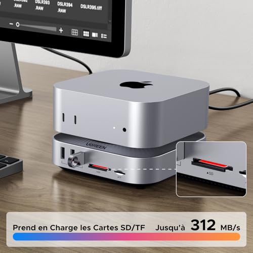 UGREEN USB4.0 Docking Station et Support pour Mac Mini M4 et M4 Pro avec Boîtier M.2 NVME SSD 40Gbps Station d'accueil USB C HDMI 8K 30Hz 4K 144Hz 5 USB 3.2 4A1C 10Gbps Lecteur SD TF 4.0 3.5mm