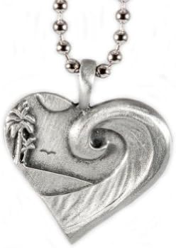 Coastal Love Pendant. Beautiful wave curl island scene with bird. Lead-free Pewter.