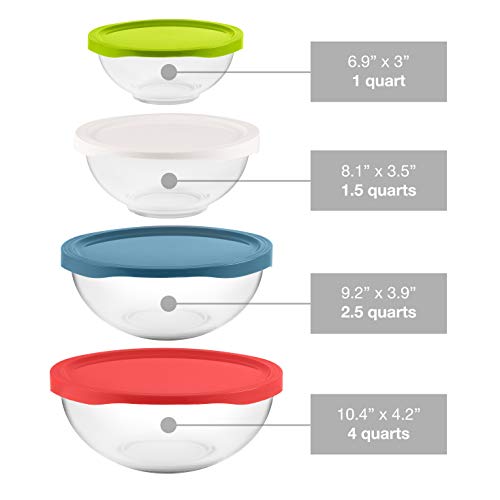 Round Glass Mixing Bowl Set with BPA-Free Airtight Lids | 4 Glass Food Storage Containers in a Variety of Sizes | Microwave-Safe Salad Bowls Excellent for Meal Prep, Lunch, Leftovers & More