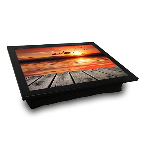 LaModaHome Sight MDF Pillow Tray - Beauty of Sunset and Flying Birds, Wooden Table - Pillow Cushioned Accessories, Portable Bed Stand for Notebook or Serving, Suitable for Use on Table, Sofa, Chair