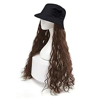 CXYP Hat with Hair Baseball Cap with Hair Extensions 24inch Long Straight Wavy Curly Synthetic Hair with Fisherman Hat Black White Hat Wig (black fisherman cap, curly light brown hair)