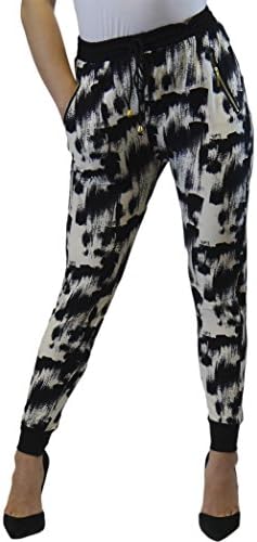 Trendy Soft Jogger Pants Drawstring Zip Pockets, Black White