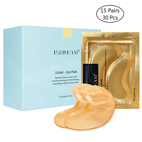 24K Gold Eye Mask Isdream Collagen Eye Pads Under Eye Patches Eye Pads for Puffy Eyes Eye Bags Treatment Dark Circles Under Eye Treatment 15 Pairs