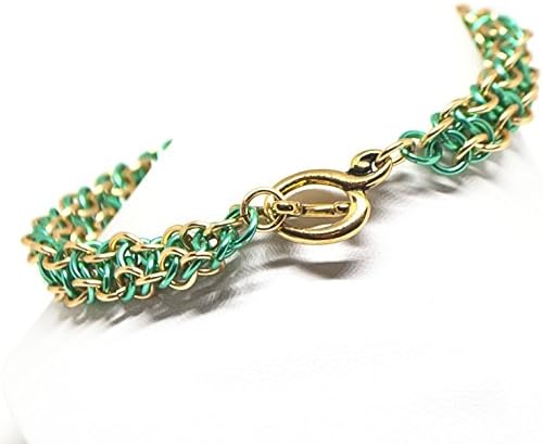 Seafoam Green and Gold-Tone (Enameled Copper) Metal Woven Chainmail Bracelet