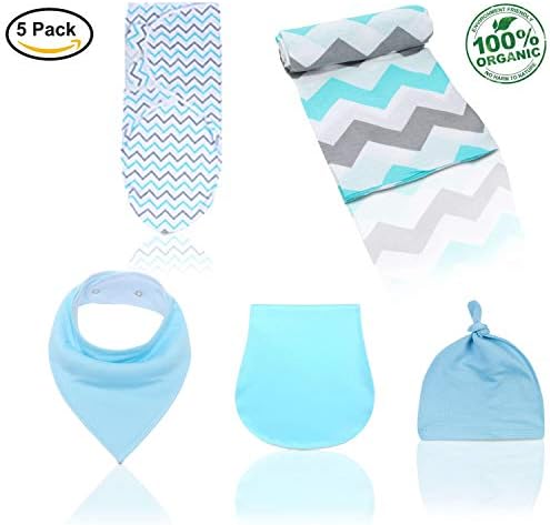 Quality 5-Pack Set Adjustable Infant Wrap Sleeping Bag Muslin Newborn Baby Swaddle Receiving Blanket 100% Cotton with Hat & Bandana Drool Bib for Drooling and Teething & Burp Cloth Kiddytopia (Blue)