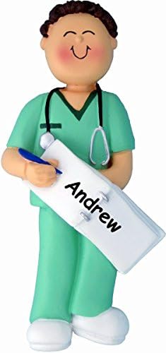 Personalized Male Nurse Doctor Christmas Ornament Medical Technician Assistant in Green Color Scrubs with Stethoscope and Chart - Custom Name