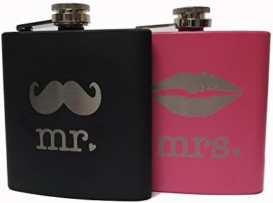 Mr. and Mrs. Engraved Wedding, Anniversary, Newlywed, Flask Gift Set Stainless Steel Liquor Flask, Food Grade 304 (18/8), Premium Quality Heavy Duty, Screw on Cap, 6oz. Flasks (Black and Pink)
