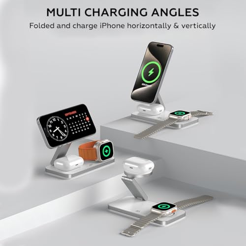 AMROAH Foldable 3 in 1 Wireless Charging Station for Apple Compatible with Magsafe Charger Stand, Magnetic Wireless Charger Station for iPhone 17 16 15 14 13 12, Airpods Pro, Apple Watch (White)