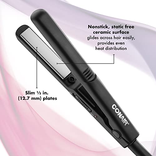 Conair Mini Pro CS80XAC 1/2-Inch Hair Straightener, 56°F (180°C) High Heat, Dual Voltage, 13mm Flat Iron, Black, Travel flat iron