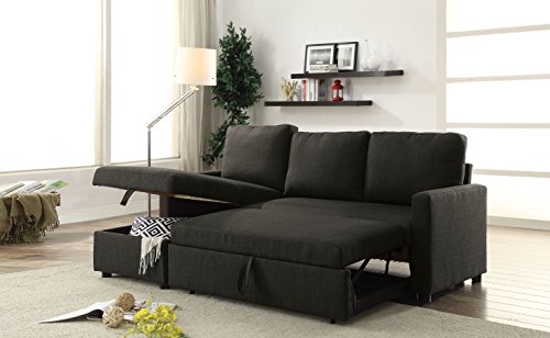 ACME Hiltons Charcoal Linen Sectional Sofa with Sleeper and Storage