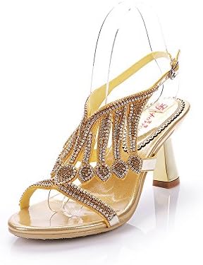 Geminigirl Women's Waterfall Patterned Rhinestone Chunky Heels Sandals Wedding Bridal Shoes Gold 9.5 M US