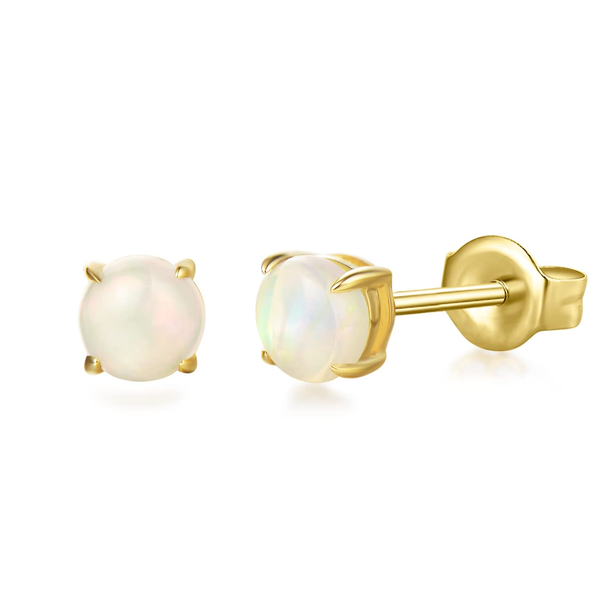 Solid 14 Carat 585 Yellow Gold Small Dainty Stud Earrings with Natural Opal Gemstone October Birthstone Gifts Jewellery for Ladies Girls - Diameter: 4 mm