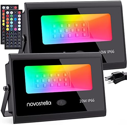 Novostella 2 Pack 20W RGB LED Flood Gentle, 44 Keys Controller, 20 Colours 6 Modes, Dimmable Coloration Altering Floodlight, IP66 Waterproof, Wall Washer Lights, Outside Backyard Stage Panorama Lighting