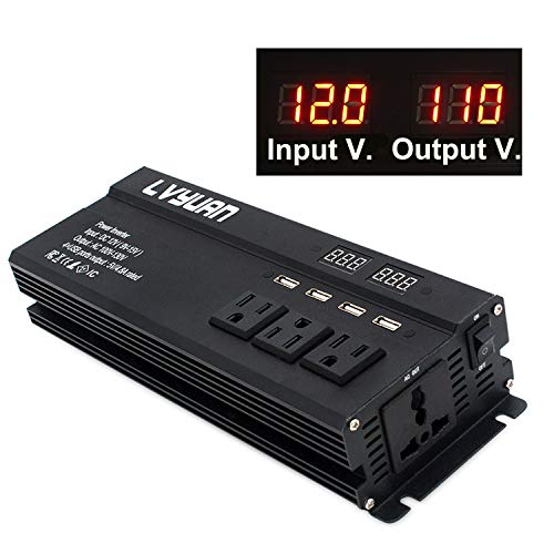 Cantonape 1000W/2000W(Surge) Car Power Inverter DC 12V to 110V AC with 5 Outlets, 4 USB Ports and Input Output LED Display