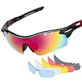Polarized Sports Sunglasses with 6 Interchangeable Lenses, Tsafrer Tr90 Unbreakable Sunglasses for Men and Women Cycling, Driving, Running Golf (Black-Red)