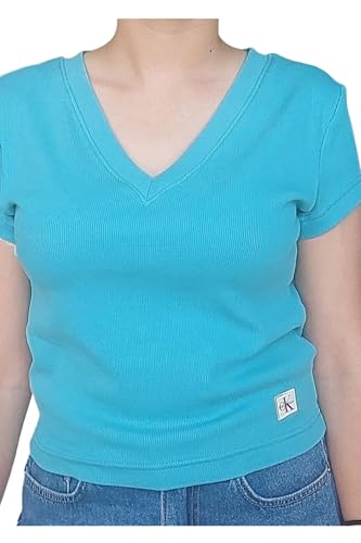 Calvin Klein Camiseta de Manga Corta Mujer Woven Label Rib tee con Cuello de Pico, Turquesa (Tuscan Teal), XXS