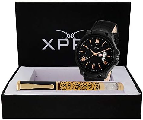 Xpra Day & Date Black Leather Strap Watch + Golden Engraved Metal Roller Ball Pen Combo Pack/Diwali Gift (WCH-PN-28C)