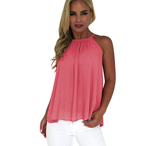 Women Chiffon Vest,Laimeng Sleeveless Button Casual T-Shirt Tops (L, pink)