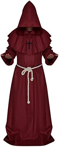 Men's Friar Medieval Monk Priest Robe Pastor Halloween Hooded Cape Costume Cloak