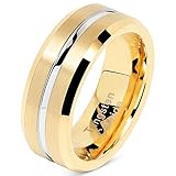 100S JEWELRY Tungsten Rings for Mens Gold Wedding Bands Silver Grooved Two Tone 8mm Wide Size 6-16