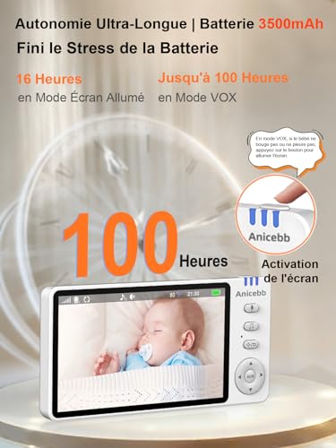 Babyphone Caméra Vidéo 5" HD sans WiFi, Surveillance Bébé PTZ 355° Zoom 4X, Portée 300m, Mode VOX 100 H Autonomie, Vision Nocturne, Audio Bidirectionnel, Alertes Température et Pleurs