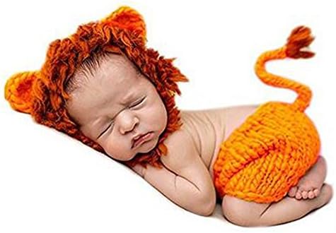 Infant Newborn Baby Cute Cartoon Lion King Outfit Knit Handmade Halloween Crochet Beanie Hat Clothes Photography Props Costume