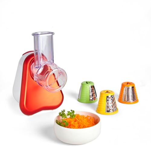 Moulinex Fresh Express 3 in 1 Elektrisches Schnitzelwerk, Gemueseschneider, Gemuesehobel, 150W, 3 Einsaetze (fein reiben, fein schneiden, Kaese reiben), Made In France, rot, weiss, DJ7535