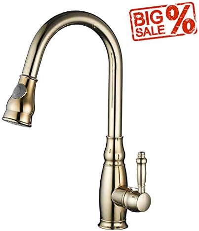 OWOFAN Commercial High Arch Brass Single Handle Pull Down Sprayer Kitchen Sink Faucet, Pull Out Kitchen Faucets Without Deck Plate Gold