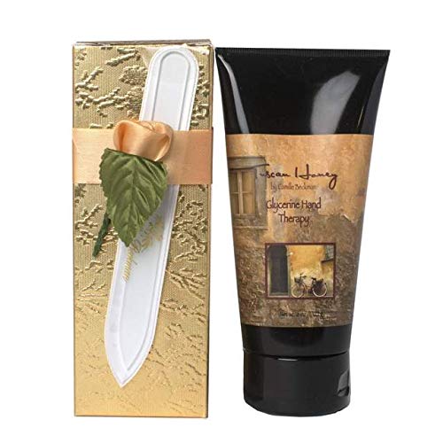 Camille Beckman Romantic Manicure Gift Set, Tuscan Honey, Glycerine Hand Therapy 6 oz, Premium Crystal Nail File