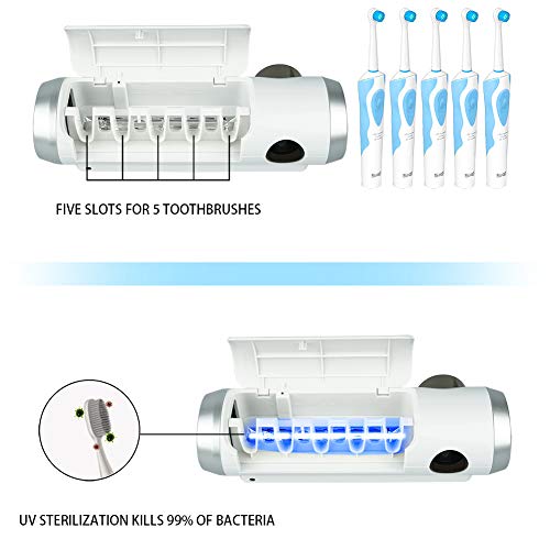 BOHON UV Toothbrush Holder with Sterilization Function Build-in Drying Fan Toothpaste Holder and 5 Toothbrush Sterilizer Holder Wall Mounted for Women Kids Baby Shower Bathroom Mirror