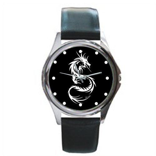 Thanksgiving Day Gifts Tribal Dragon Black & White Design Unisex Silver-tone Round Metal Watch