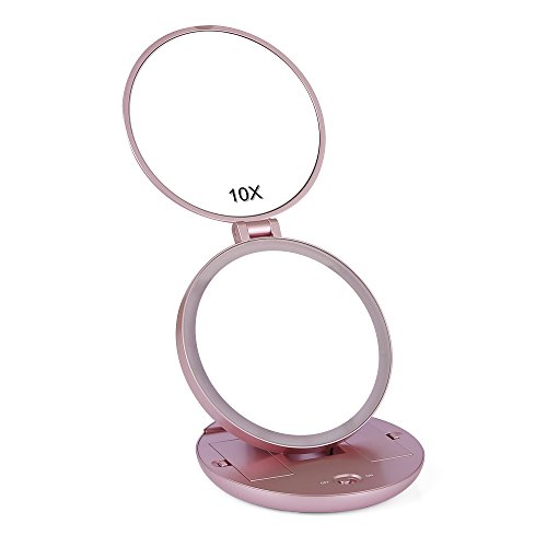 Easehold Travel Makeup Mirror,1X/10X Folding Magnifying Makeup Handheld Mirror with Lights, Led Lighted Makeup Vanity Magnifying Mirror , Rose Gold