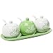 MyGift 7-oz Spice Jar Bowls, Ceramic Green & White Floral Botanical Motif Condiment Container Pots, Sauce Servers with Serving Spoons, Lids and Tray, Set of 3