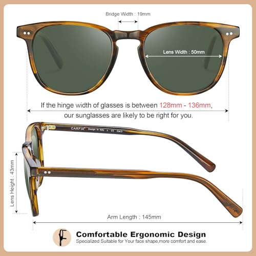 CARFIA Vintage Polarised Sunglasses for Men UV Protection Driving Glasses with Rectangular Acetate Frame