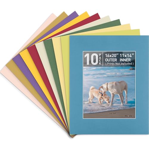 Golden State Art, Pack of 10, 16x20 Mix Color Picture Mats with White Core Bevel Edge for 11x14 Pictures - 4 Ply Thickness