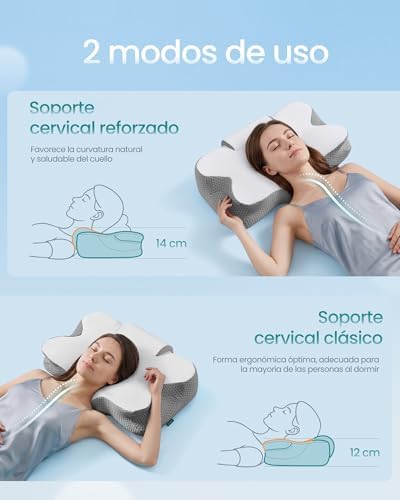 Almohada Ergonómica, Altura Ajustable, Cojín de Espuma Viscoelástica, para Quienes Duermen de Lado, Boca Arriba y Boca Abajo, Tacto Fresco, Blanco Nube y Gris Paloma TBP051G201