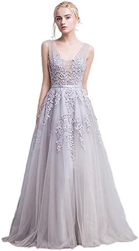 Queenmart Women's Double V-Neck Tulle Appliques Long Evening Cocktail Gowns (2, Silver)