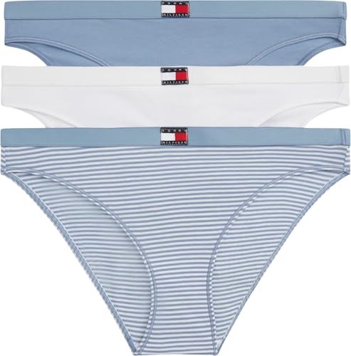 Damen 3er Pack Slips Bikini Form aus Baumwolle mit Stretch, Mehrfarbig (Mini Stripe/Ivory/Brisk Blue), L