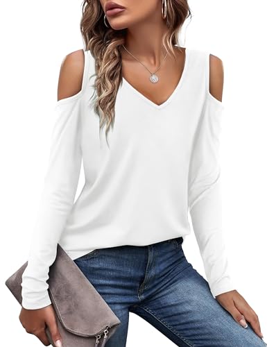 FLORBOOM WOMENS COLD SHOULDER TOPS TRENDY V NECK LONG SLEEVE T-SHIRTS BLOUSE, WHITE XL