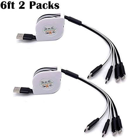 HagieNu 2 Packs 6ft Retractable 4 in 1 USB Cable with iPh Plug x2/Type C/Micro USB Port 4 Connectors Universal Multiple USB Charging Cord for Phone XS MAX/XR/8 Plus,Samsung S10/Note 9 (2packs, Black)