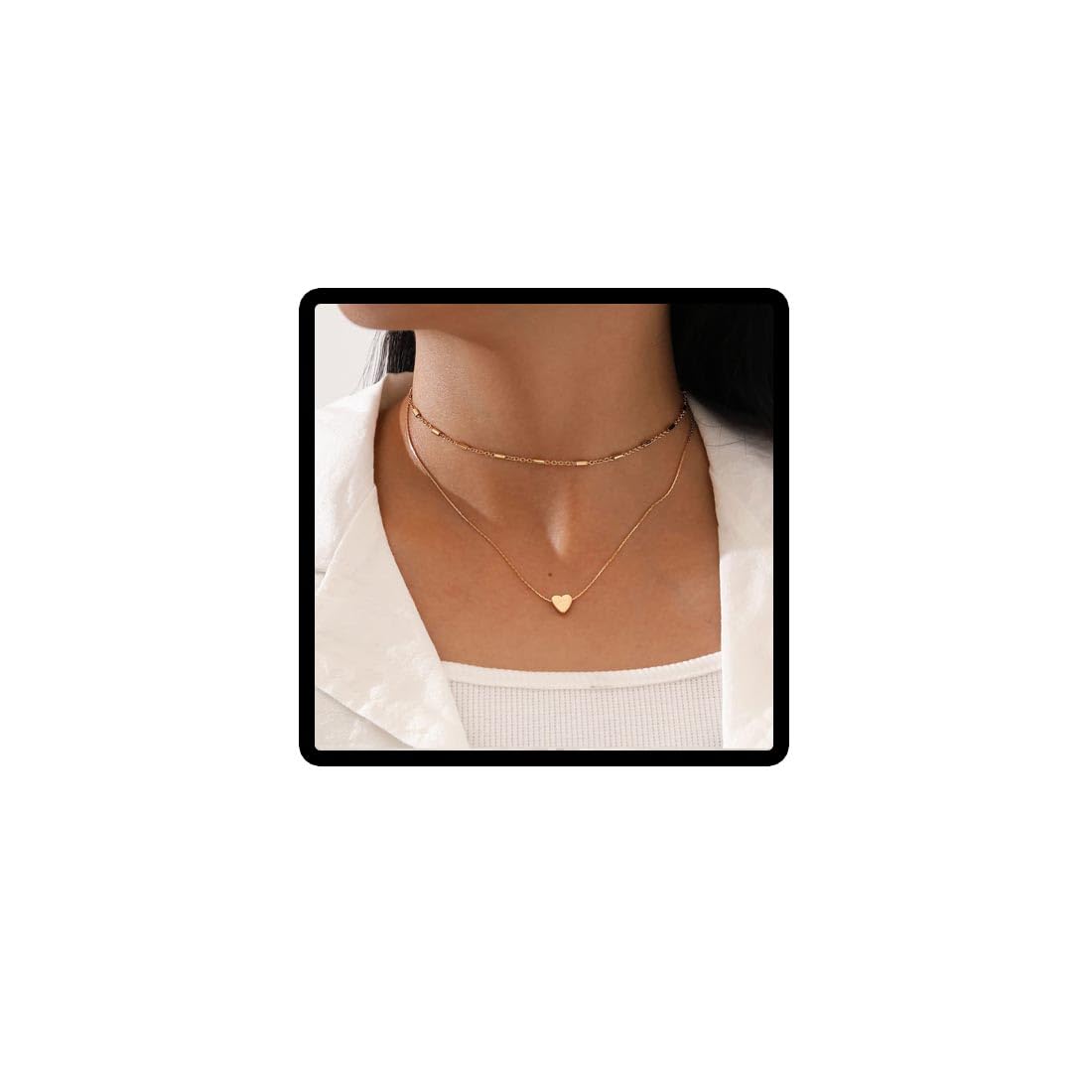Carufin Double Layered Love Heart Pendant Necklace Four Petals Flower Clavicle Chain Bead Choker Necklaces Adjustable Chain Jewelry for Women and Girls (Love Heart Gold)