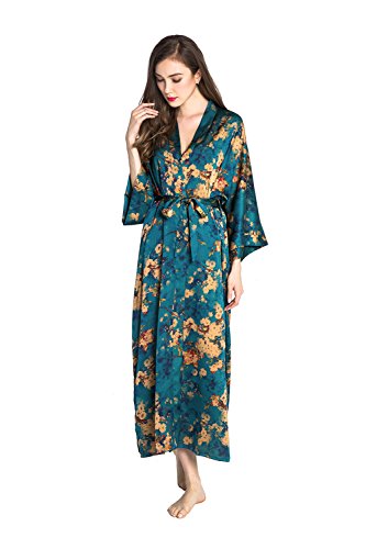Old Shanghai Women's Kimono Robe Long - Watercolor Floral, Tamiko- Teal